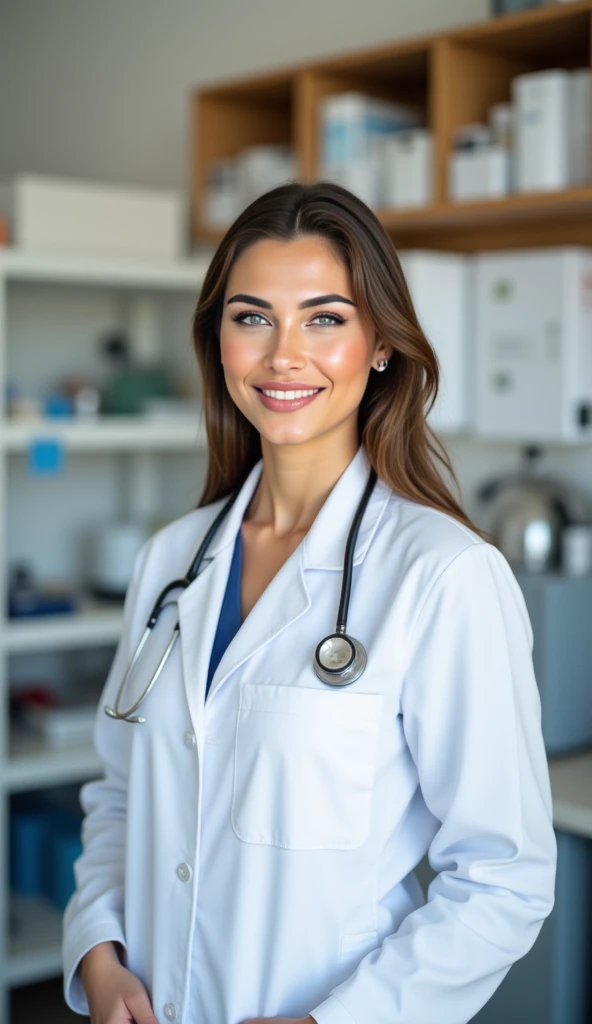 photograph of a woman, light makeup, wearing a veterinarian outfit, at a vet shop, smiling