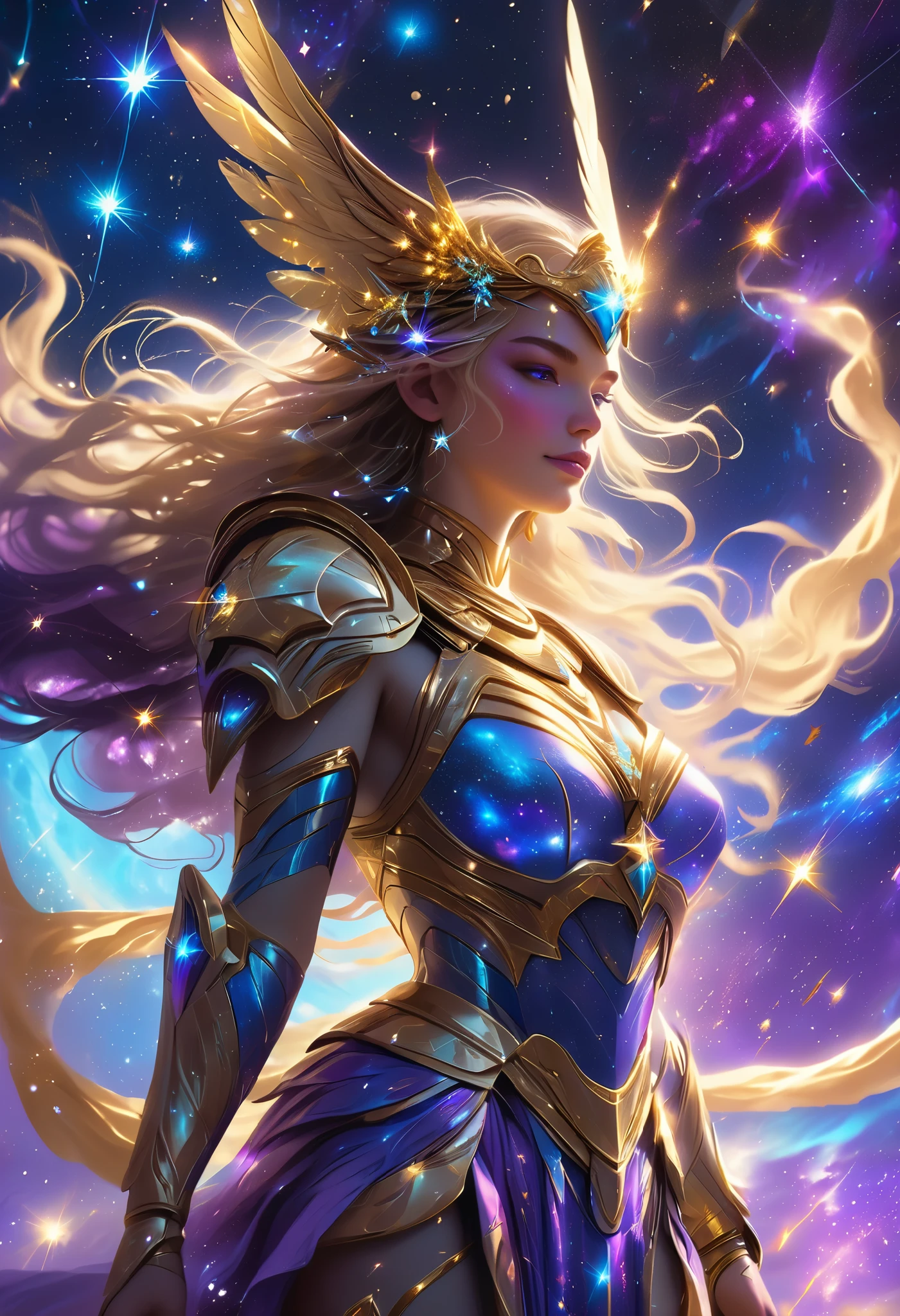 A stunning depiction of a cosmic Valkyrie floating in a vibrant celestial battlefield. Her glowing wings shimmer with ethereal blue and purple energy, and her spear crackles with star-like light. She wears a mix of ornate golden armor and flowing cosmic fabric that radiates a sense of divine power. The background features swirling galaxies, shooting stars, and vibrant nebulae in hues of deep blues, purples, and radiant gold. Streaks of cosmic lightning and glowing dust clouds add a dynamic sense of movement to the scene. Negative prompts: dull colors, static poses, cluttered composition, lack of lighting effects