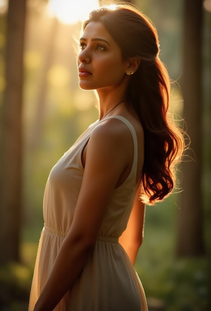 An ethereal woman with sharp and defined silhouette, standing in a mystical forest bathed in sunlight. The upper half of her body is illuminated by strong, golden sunlight streaming through the trees, creating a glowing effect.front view ,A soft, ambient light surrounds the periphery of her body, highlighting her figure with a subtle halo effect. The forest background is serene and slightly blurred, with sunlight filtering through the dense canopy of leaves, casting dappled shadows on the forest floor. The woman has a graceful pose, and the light emphasizes her silhouette, giving her an almost magical presence. The scene feels peaceful yet dramatic, with a perfect interplay of light and shadow