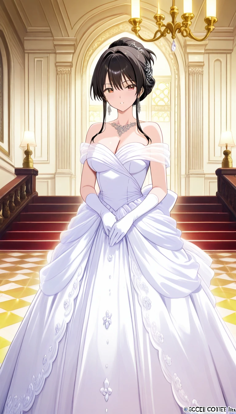 A stunning woman wearing an elegant black wedding function dress, standing gracefully in an ornate hall. The dress is adorned with intricate lace details and shimmering embellishments, perfectly complementing her radiant beauty. Her hairstyle is an elegant updo, and she wears delicate jewelry to enhance her look. The background features a luxurious setting with golden chandeliers, marble floors, and richly decorated walls, creating a glamorous and sophisticated atmosphere. The lighting is soft and warm, highlighting her features and the exquisite details of her dress