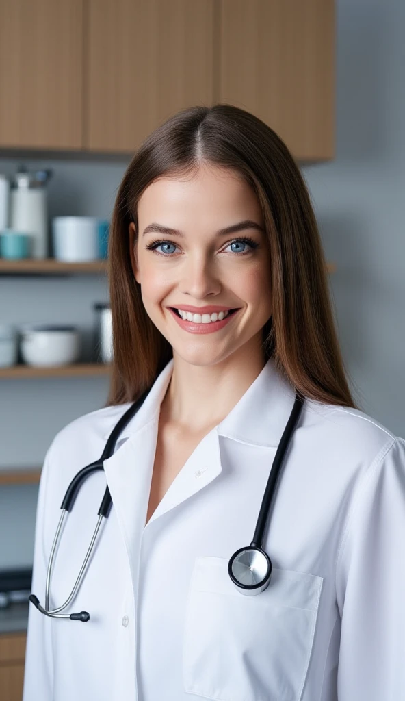 photograph of a woman, light makeup, wearing a veterinarian outfit, at a vet shop, smiling