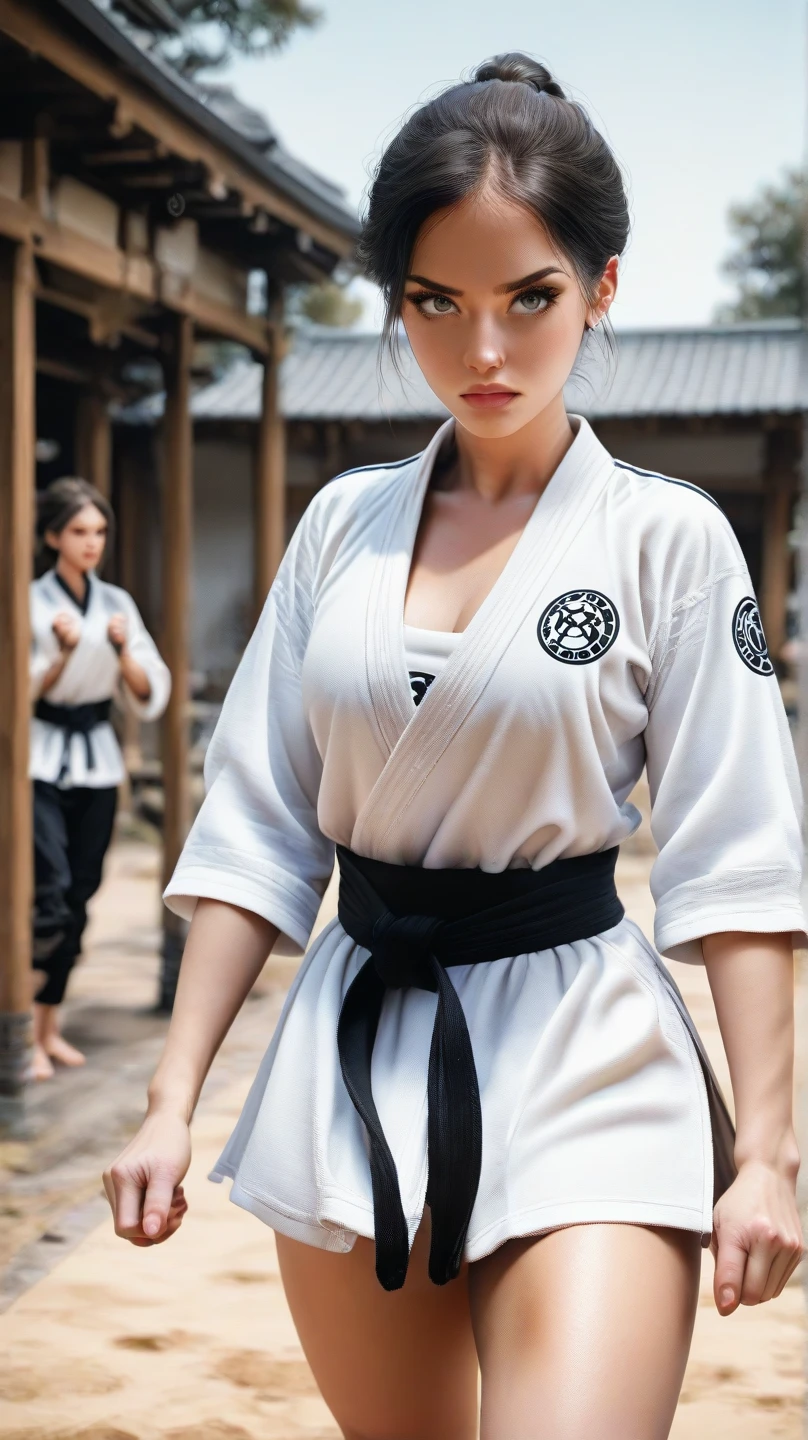 a highly realistic full-body image of Videl, a beautiful and sensual woman with long, dark brown hair and a determined, confident expression. She is wearing a form-fitting blue martial arts outfit with a white emblem on her chest, showcasing her strength and skill in combat. Her posture is dynamic, reflecting her readiness for action and her background in martial arts. The background features a bright, outdoor training area, with a clear sky and natural surroundings, emphasizing her connection to both fighting and her heroic spirit.