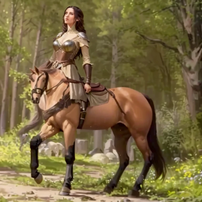 arafed woman in a brown dress riding a horse in a forest, centaur horse, a centaur, of a beautiful female knight, centaur from greek mythology, adam driver as a centaur warrior, horse warrior, centaur, lara croft medieval, forest hunter lady, fantasy medieval, elven warrior princess, goddess of the hunt, beautiful female knight