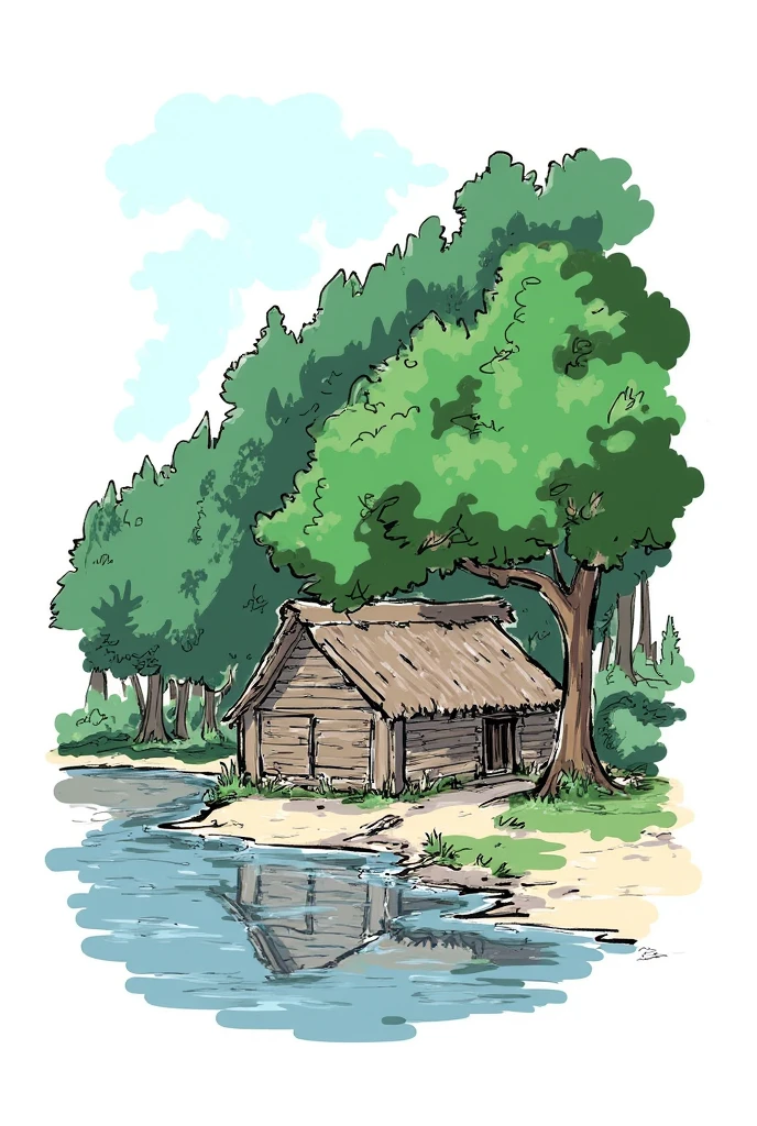 sketch_style, a small wood hut beside a river with a beautiful forest behind