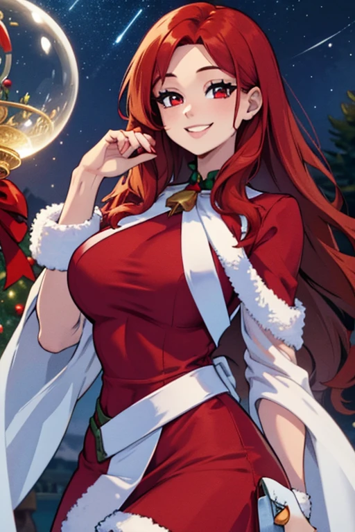 A woman wearing a long dark green fur coat, wearing white tight dress, big breasts, red hair, ponytail hair, orange eyes, in a winter themed night park, snowing, concrete walk, background buildings with windows lit, smiling (just one woman, solo) ,HDR, ultra resolution, well defined, masterpiece, 8K HD. (solo woman)
