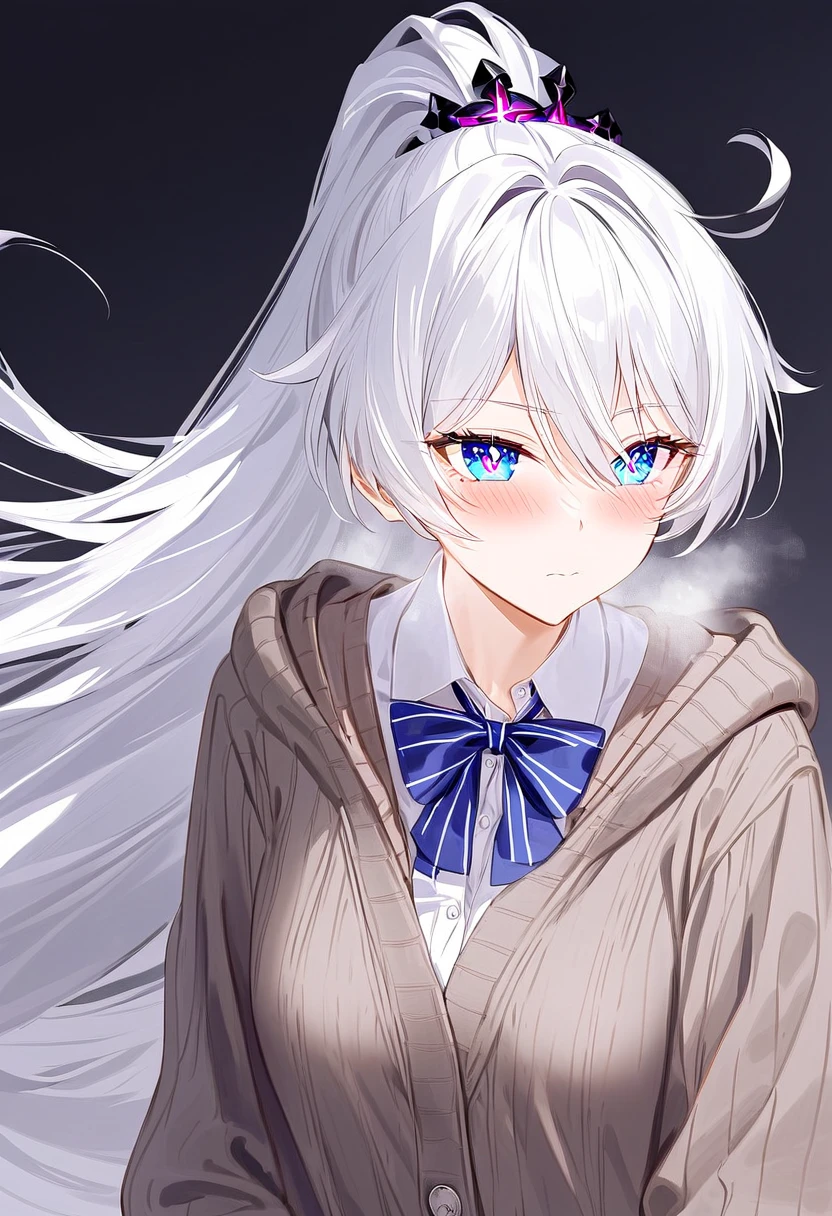 score_9, score_8_up, score_7_up, masterpiece, best quality, very aesthetic, absurdres, 1girl, adult grown woman, solo, kiana kaslana \(honkai impact 3rd\), herrscher of finality, white hair, ahoge, ponytail, long hair, blue eyes, symbol-shaped pupils, blush, closed mouth, heavy breathing, oversized cardigan, pleated skirt, blue ribbon, striped accents, school uniform, minimal accessories, loose sleeves, polished school look, layered outfit, pantyhose, Soft anime rendering, focusing on youthful and casual schoolwear aesthetics with polished and clean details, black background, ncoming hug