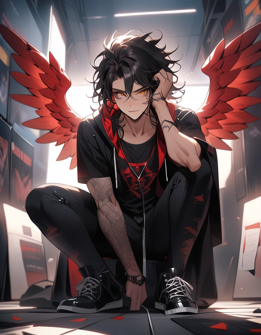 1man,solo,handsome face,fit body,yandere, shaggy hair style,black hair,punk rock dark clothes,deep detailed eyes,tall,dark room,calm, serious and dark expression,masterpiece,best quality,high resolution,sharp focus,depth of field,majestic red angel wings,full body, yellow eyes, detailed eyes, sitting and waiting for a music audition, dynamic composition 