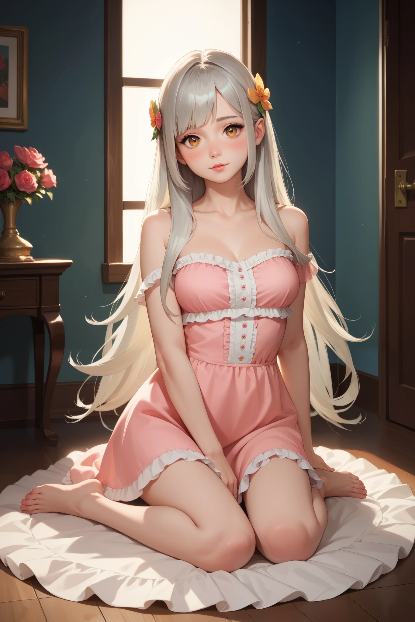 (masutepiece, Best Quality:1.2), 1girl in, Solo, Cute, kawaii, Digital Art, Platinum Blonde Hair, finely detailed eyes, Embarrassed expression, Sweat, frilly dress,chinese clothes, Pink color scheme, high-heels, White Gloves,
