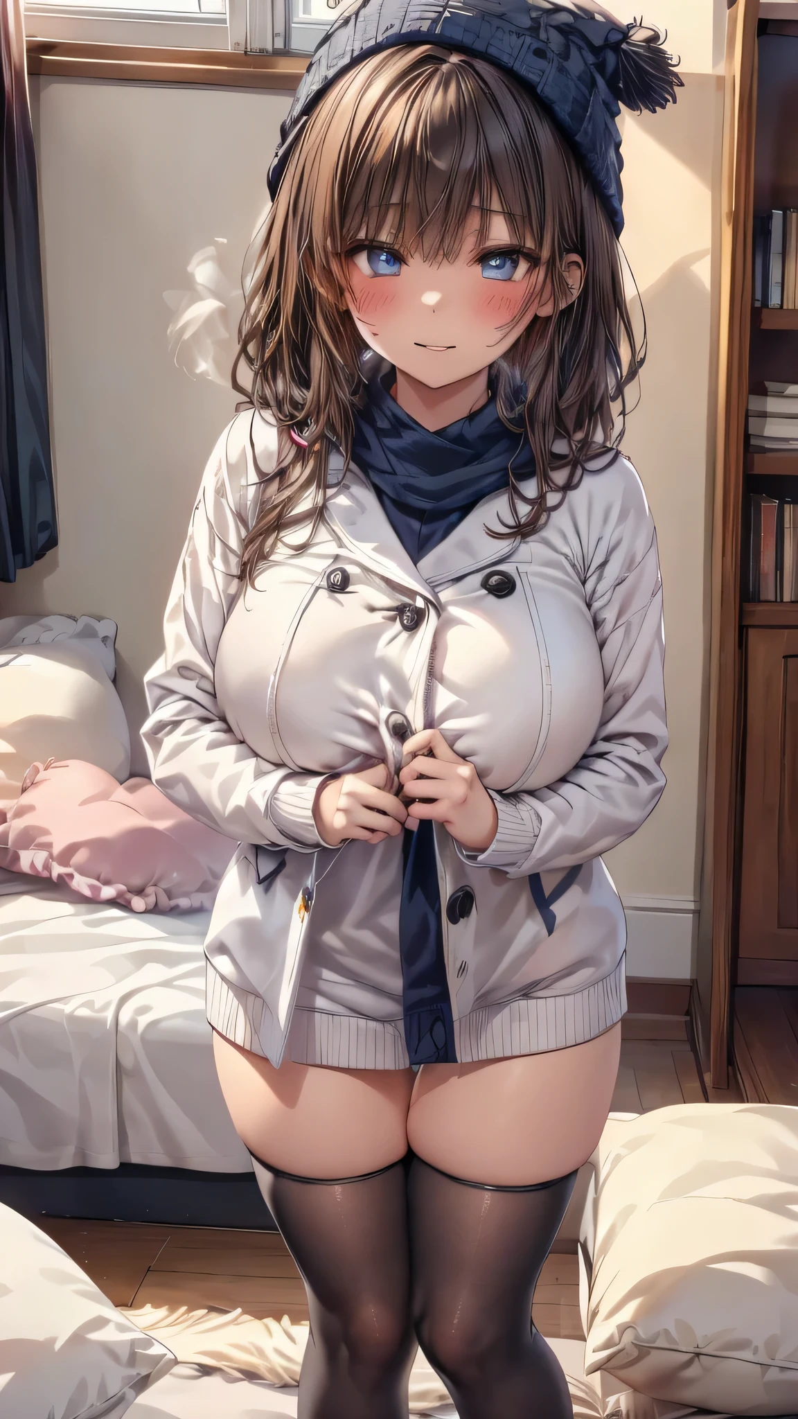 ((masterpiece, sidelighting, finely detailed beautiful eyes: 1.2)), (anatomically collect:1.3), Extremely cute, (extremely detailed beautiful face), (Authentic skin texture:1.4), (outdoor, winter, snowy landscape, park:1.2), (1 hit school student girl:1.2), (large breasts:1.2), (slender body:1.2), (long wavy black hair:1.2), (duffel coat, woolen scarf, Woolly hat:1.2), (stockings, loafer:1.2), (blush cheek:1.4), (shy, happy), (face focus:1.2), school bag, (steam)