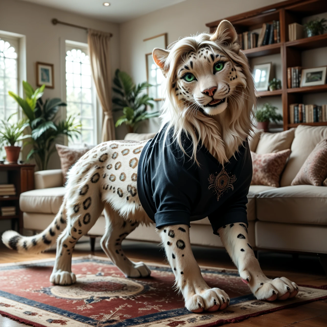 score_9, score_8_up, score_7_up, score_6_up, white leopard dorsal spine, with mane, (clothed feral), (feral), felid, feline, Shirt, female, (detailed background), living room, modern living room, smile, fur, solo, high quality, pose, relaxed on the sofa, furred body, paws, handpaw, fluffy, silver bracelets on the legs, (detailed eyes, green eyes), slightly muscled, highly detailed, realistic fur, beautiful, photorealism, photorealistic, dslr, photo, expressive, full body, window, shelves, topwear, pawpads, paw pads, dutch angle, playful, with claws