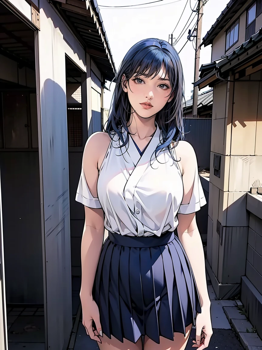 a young girl is depicted in the foreground, standing confidently against a backdrop of her bustling high school. her distinctive blue hair falls in loose waves around her shoulders, while she wears a traditional japanese school uniform with a skirt that highlights her youthful elegance and sprightliness.