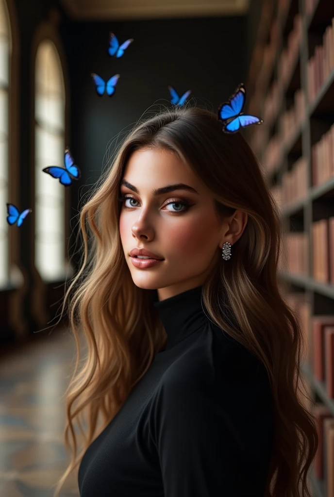 Blue Rain of Woman with many very bright golden giant butterflies and books