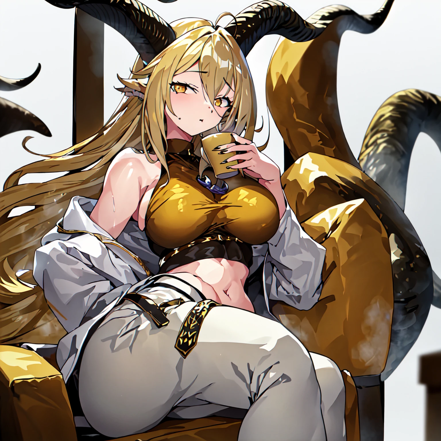 1girl, solo, long_hair, horns, animal_ears, crop_top, white_background, grey_pants, midriff, looking_at_viewer, navel, holding_cup, breasts, simple_background, holding, cup, cowboy_shot, shirt, pants, sleeveless, hair_between_eyes, yellow_eyes, hand_on_hip, bare_shoulders, goat_girl, large_breasts, belt, bangs, off_shoulder, grey_jacket, brown_hair, goat_horns, very_long_hair, jacket, stomach, open_clothes, tail, sleeveless_shirt, goat_ears, long_sleeves, turtleneck, yellow_shirt, closed_mouthThe image shows a girl with long blonde hair and large curved horns. She has pointed ears, similar to those of an animal. She is wearing a yellow top, a grey open jacket, and light trousers. In her right hand she holds a cup, probably with a drink. Her pose is casual, with one hand on her belt