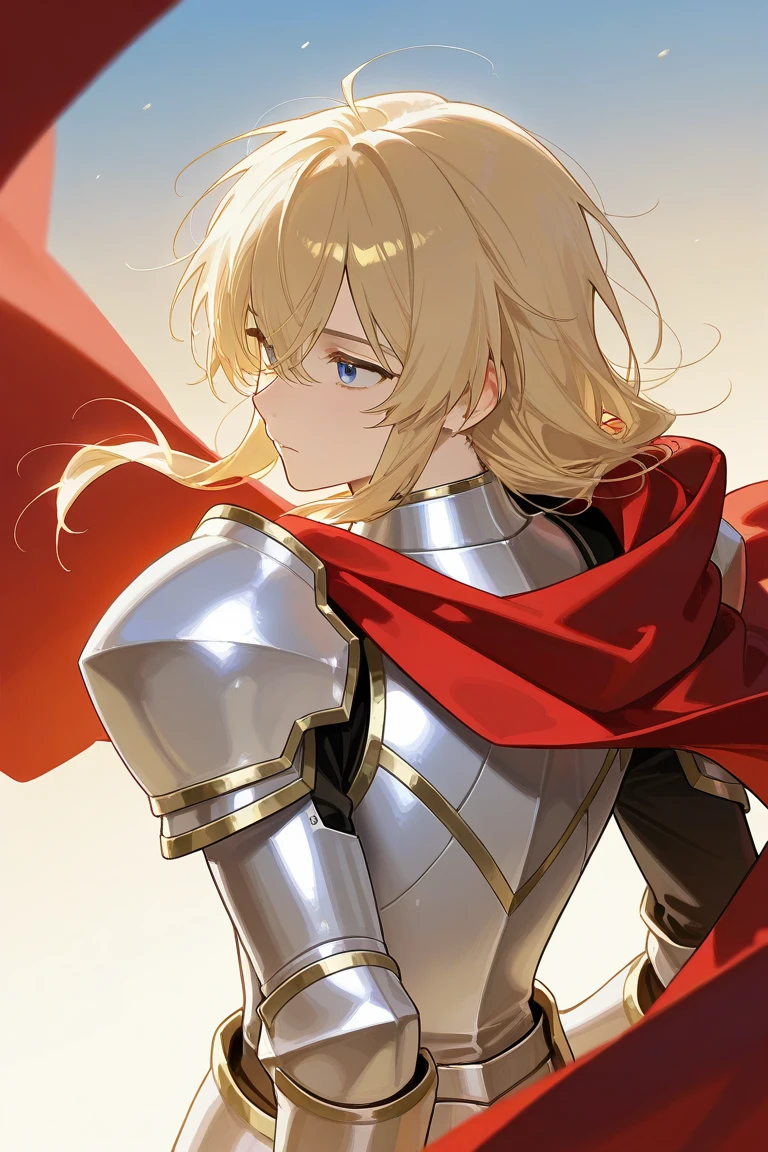 a boy with medium length hair, blonde as gold, eyes as blue as the sky, wearing silver armor with gold trim and a red cape on his back