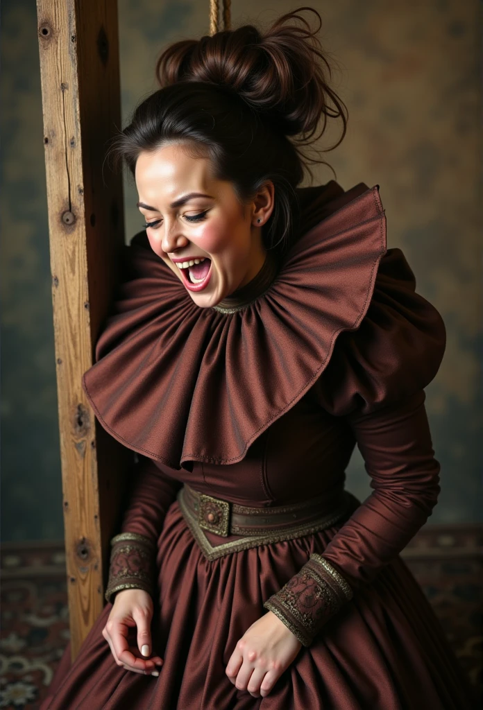 closeup shot, (angry evil dominatrix salma hayek showing her clinched teeth in anger with flared nostrils and furrowed brows:1.2) in a (closed satin skintight silk buttoned mandarin collar blouse with large shoulder-pads and extremely tight corset and belt and satin cape:1.3), tight hairbun, silk gloves, large covered breasts, small waist, wide hips and torso, (insane wide eye stare:1.2), (muscular arms), subtle evil stare with flared nostrils, large shoulder-pads, extremely cinched small waist,