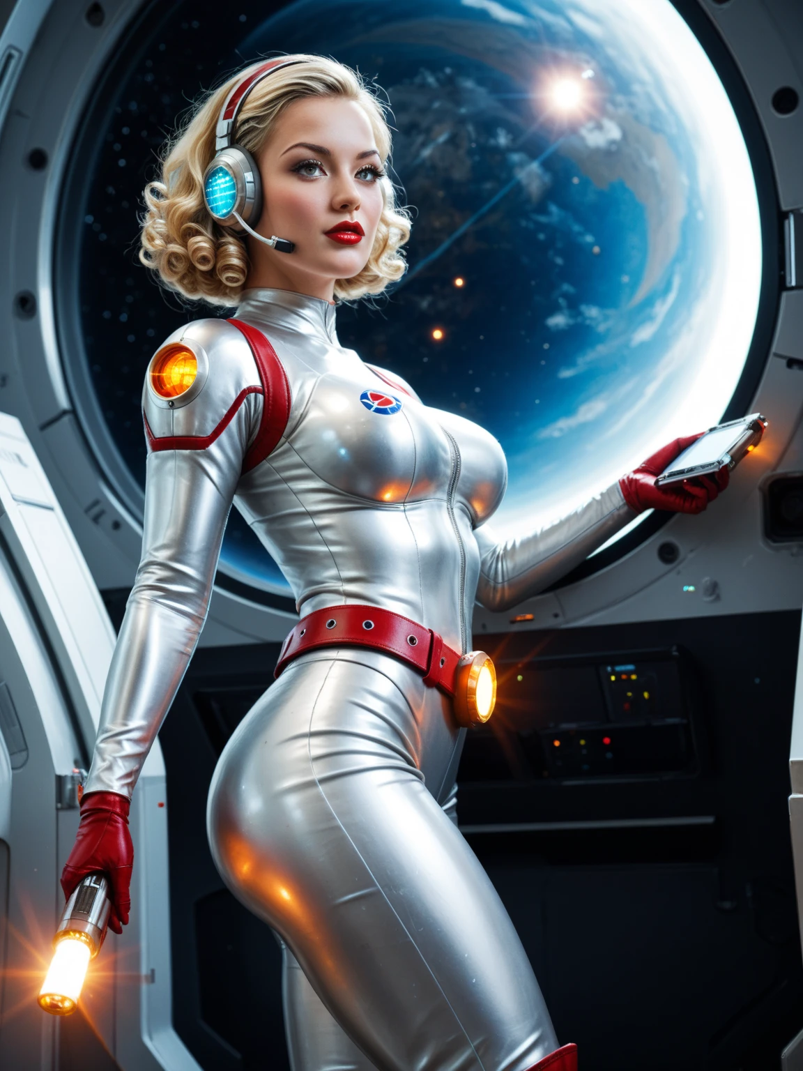 35 year old aged skin,((gorgeous realistic short hair blonde bob cut, female 35 years age ((Floating in space realistic futuristic stars and nebula)), she looks happy sleepy, Night time, ((artistic pose)), ((she has a red ribbon in her hair)), she is wearing a white sheer very low cut silk gymnast leotard, (photorealistic), (in white lowcut leotard), (Style-Glass), hdr, antialiased, 8k, ((syd mead)), sharp details, ((masterpiece)), (painterly), (good anatomy), (good proportions), (good composition), (dramapaint), (style-sylvamagic) 1 woman, Captivating, Professional Studio Lighting, Expertly lit, The scene is filled with a sense of tranquility, magic, and natural beauty, transporting the viewer to a world of fantasy and wonder (best quality, high resolution), (golden earrings and a large pearl necklace), (Big Boobs), sensual smile,
