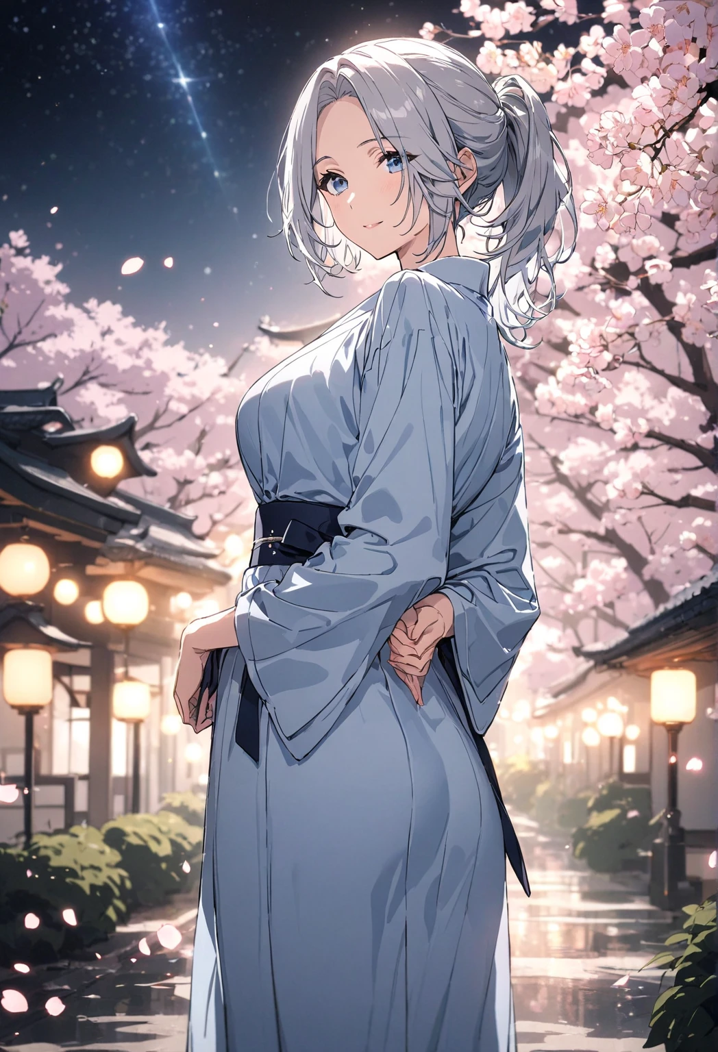 Tatiana Cartien, masterpiece, best quality, ultra-detailed, 8K, solo, alone, mature woman, adult woman, calm, elegant, beautiful, busty housewife, silver hair, loose ponytail, ponytail over her shoulder, parted bangs, light blue eyes, wearing casual outfit, cherry blossom, standing on a magical dreamy celestial forest, night sky, cinematic depth of field, bokeh,wearing a light blue, kimono, close mouth, sweet smile, looking gently at the viewer, both hands and arms are behind her back, standing, 