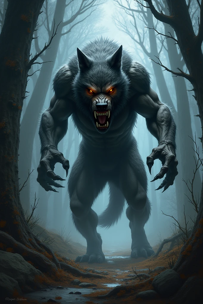 (a scary werewolf running in a dark forest),(oil painting),(detailed trees and foliage),(best quality, highres),(horror),(dark and moody tones),(mysterious lighting),(sharp focus),(eerie atmosphere),(sinister expression),(powerful and muscular body),(fangs and sharp claws)