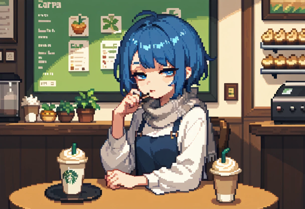 solo,Stunning 2D portraits, looking at viewer, pixel art, pale dark blue hair、half closed eyes, lazy、 shortcut hair、 pleated skirt、Grey scarf、I'm sitting in a coffee shop seat,table