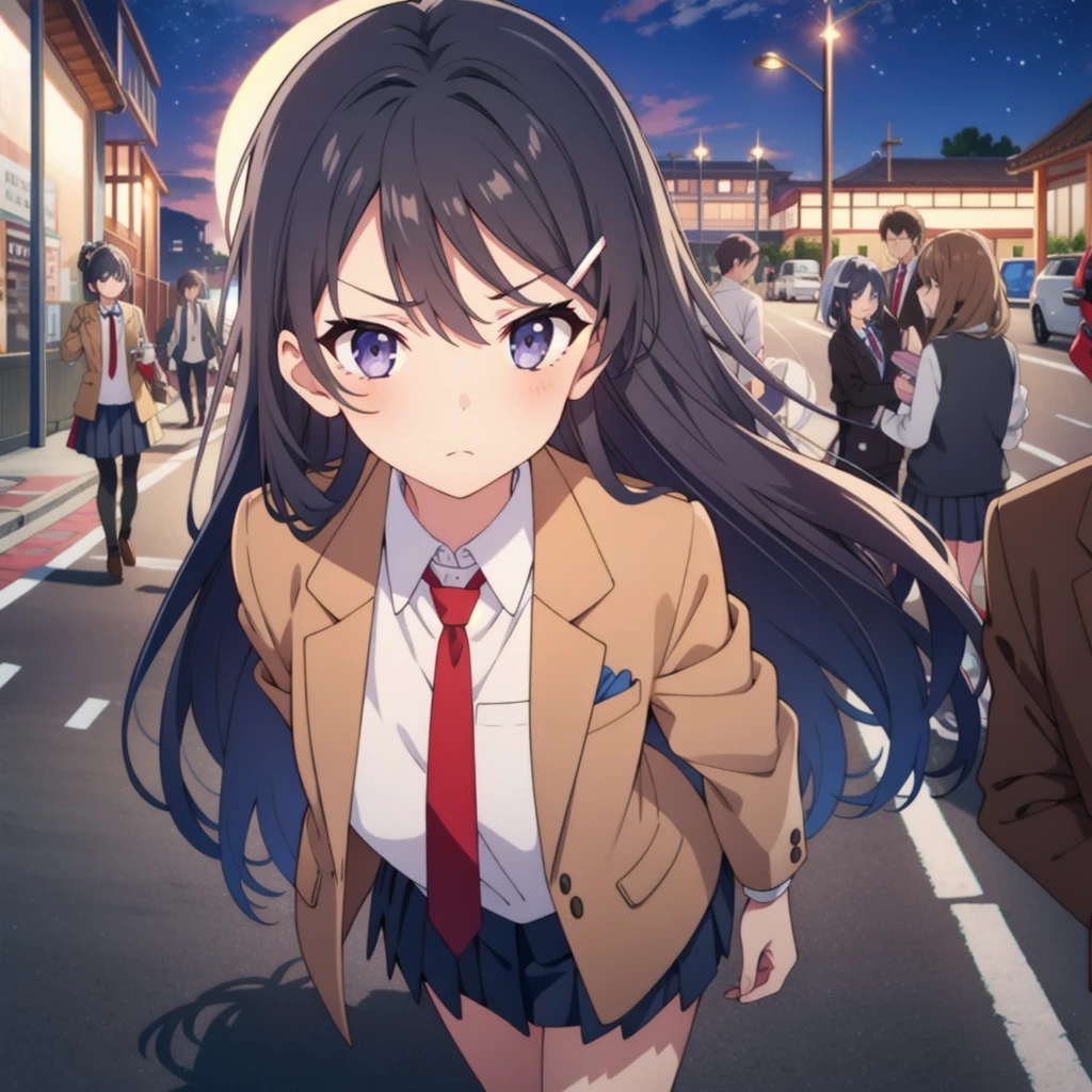 Pure white background, tall  body,  tall ,  long legs ,  mature female,  mature, adult,   simple background, Indoor EFT _bunny_May,   1 girl, sakurajima May, Alone,  hair ornament,   black hair ,  long hair,  hair clip,    school uniform,    purple eyes ,   jacket,   viewer almost at night ,   portrait holding a notebook in their hands,  ties, rabbit  hair ornament,  shirt,   blue eyes , brown   jacket,   Closed Mouth , , bangs, frown, red  ties, white  shirt, collared  shirt,  blazer,  outdoors on the street at night, close,  skirt