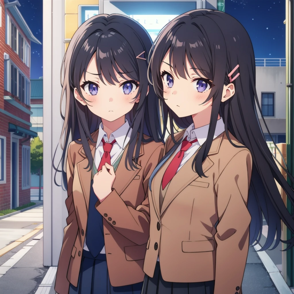 Pure white background, tall  body,  tall ,  long legs ,  mature female,  mature, adult,   simple background, Indoor EFT _bunny_May,   1 girl, sakurajima May, Alone,  hair ornament,   black hair ,  long hair,  hair clip,    school uniform,    purple eyes ,   jacket,   viewer almost at night ,   portrait holding a notebook in their hands,  ties, rabbit  hair ornament,  shirt,   blue eyes , brown   jacket,   Closed Mouth , , bangs, frown, red  ties, white  shirt, collared  shirt,  blazer,  outdoors on the street at night, close,  skirt