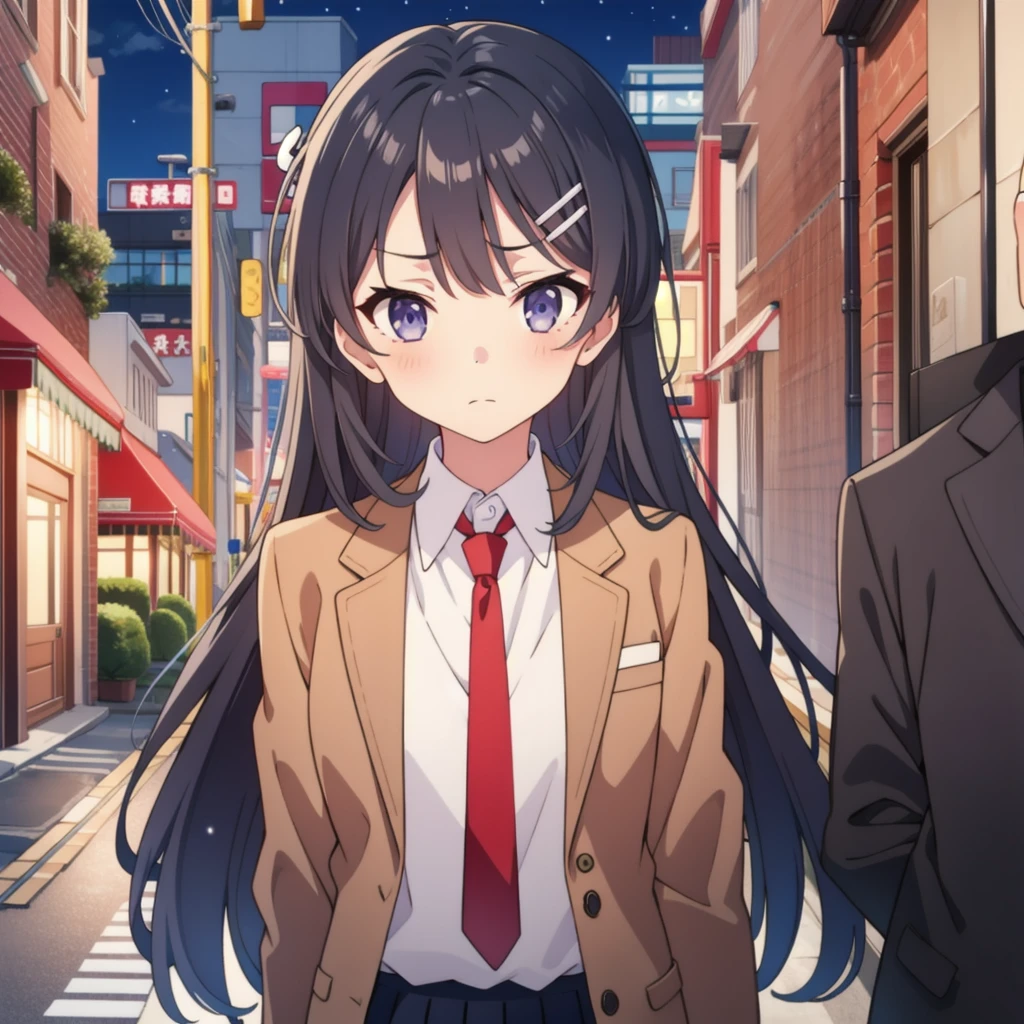 Pure white background, tall  body,  tall ,  long legs ,  mature female,  mature, adult,   simple background, Indoor EFT _bunny_May,   1 girl, sakurajima May, Alone,  hair ornament,   black hair ,  long hair,  hair clip,    school uniform,    purple eyes ,   jacket,   viewer almost at night ,   portrait holding a notebook in their hands,  ties, rabbit  hair ornament,  shirt,   blue eyes , brown   jacket,   Closed Mouth , , bangs, frown, red  ties, white  shirt, collared  shirt,  blazer,  outdoors on the street at night, close,  skirt