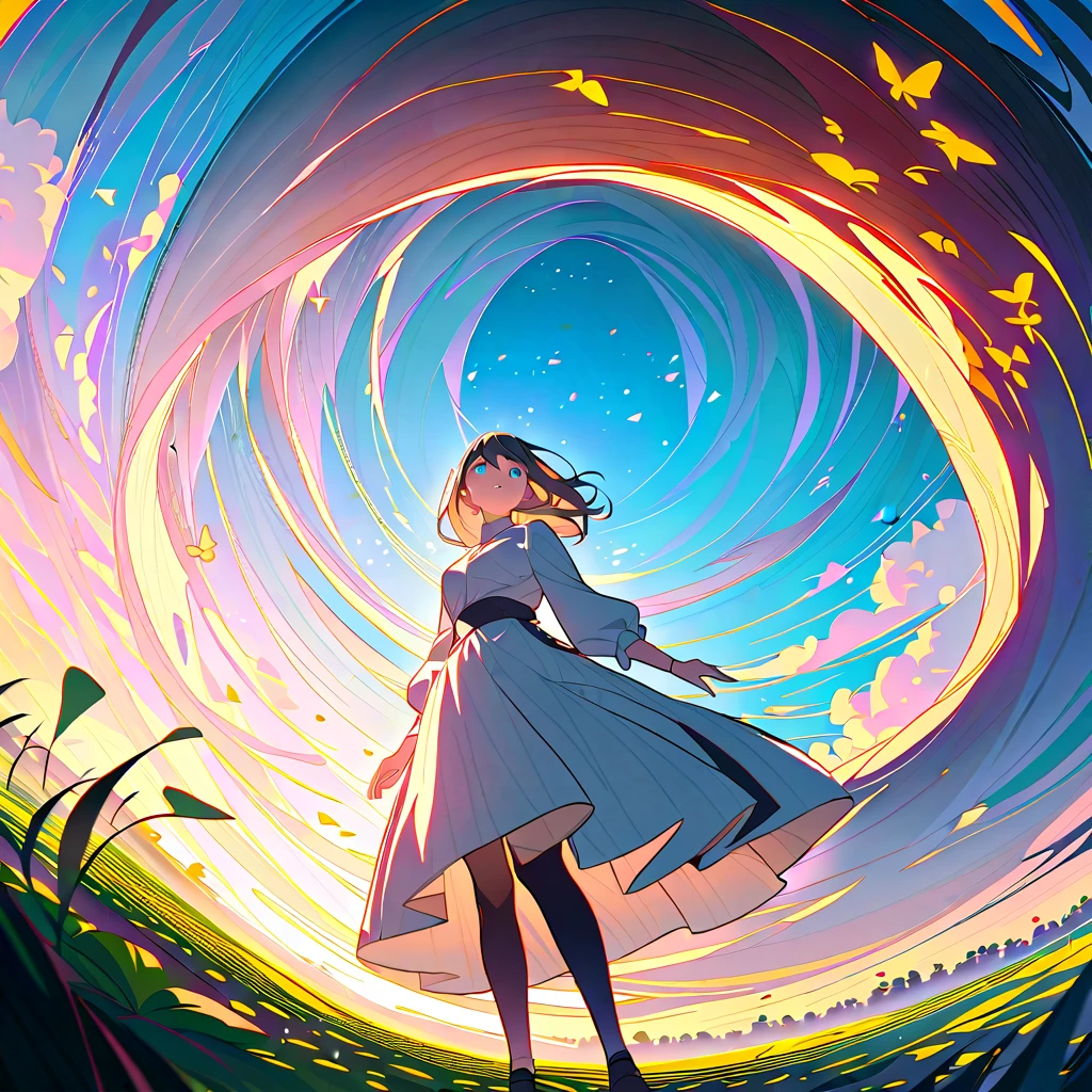 **A woman tending to her garden, planting seeds in the soil, with butterflies fluttering around her.**  
   - Perspective: From below, looking up at her as she bends down, with the sky and butterflies framing the scene, highlighting her connection to nature,Value, 2D CGI, dynamic angle, body language, gesture language, color psychology, anime facial expressions, high-quality, perfect anatomy, 4k, SFW, overlap, shadow, dimensionality, foreshortening, better hand,scenery, modestly dressed,fully clothed,facial affect, reflection in eyes, random chest/waist/hips dimensions, essence, quirky trait