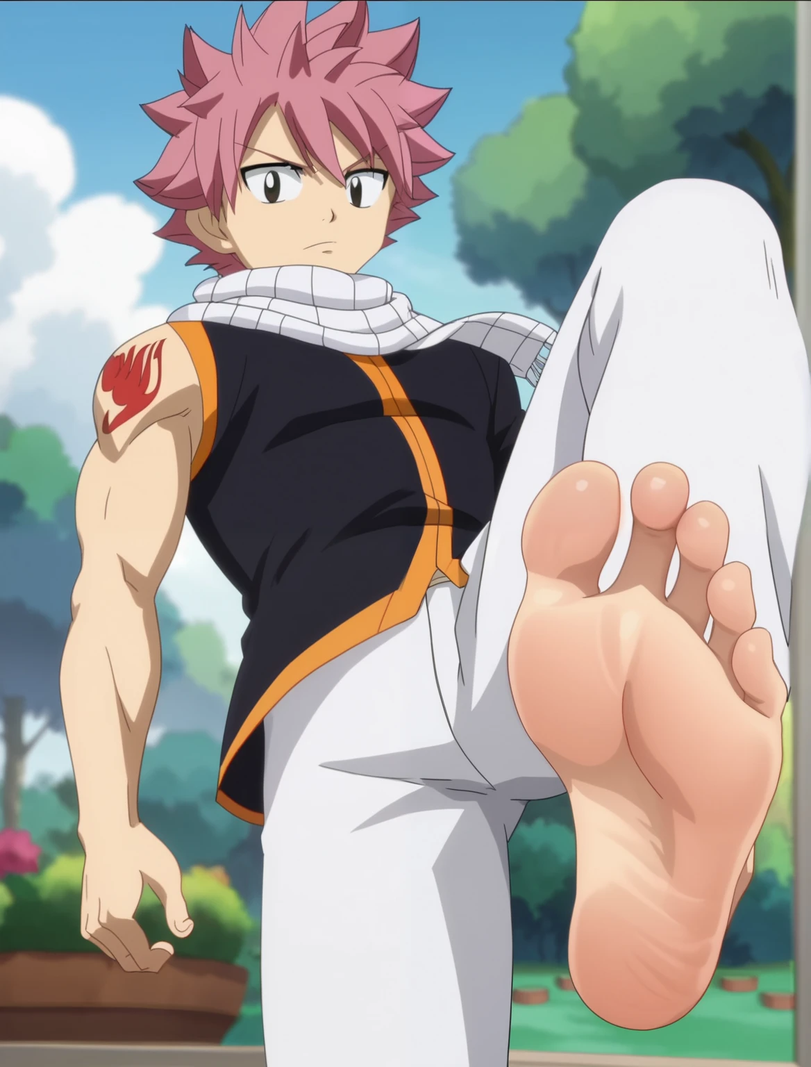 Score_9, score_8_up, source_anime, 1boy, Natsu Dragneel, big eyes, alone, looking at viewer, in a garden, standing, lifting one leg to show his soles, cowboy shot, ANIME SCREENCAP, anime coloring, barefoot, perfect feet, anatomically correct, soles, low angle, focal length 35mm, each foot has five toes, front, symmetrical soles, foot focus, white knee-lenght pants, shirtless, black jacket with no sleeves, white scarf