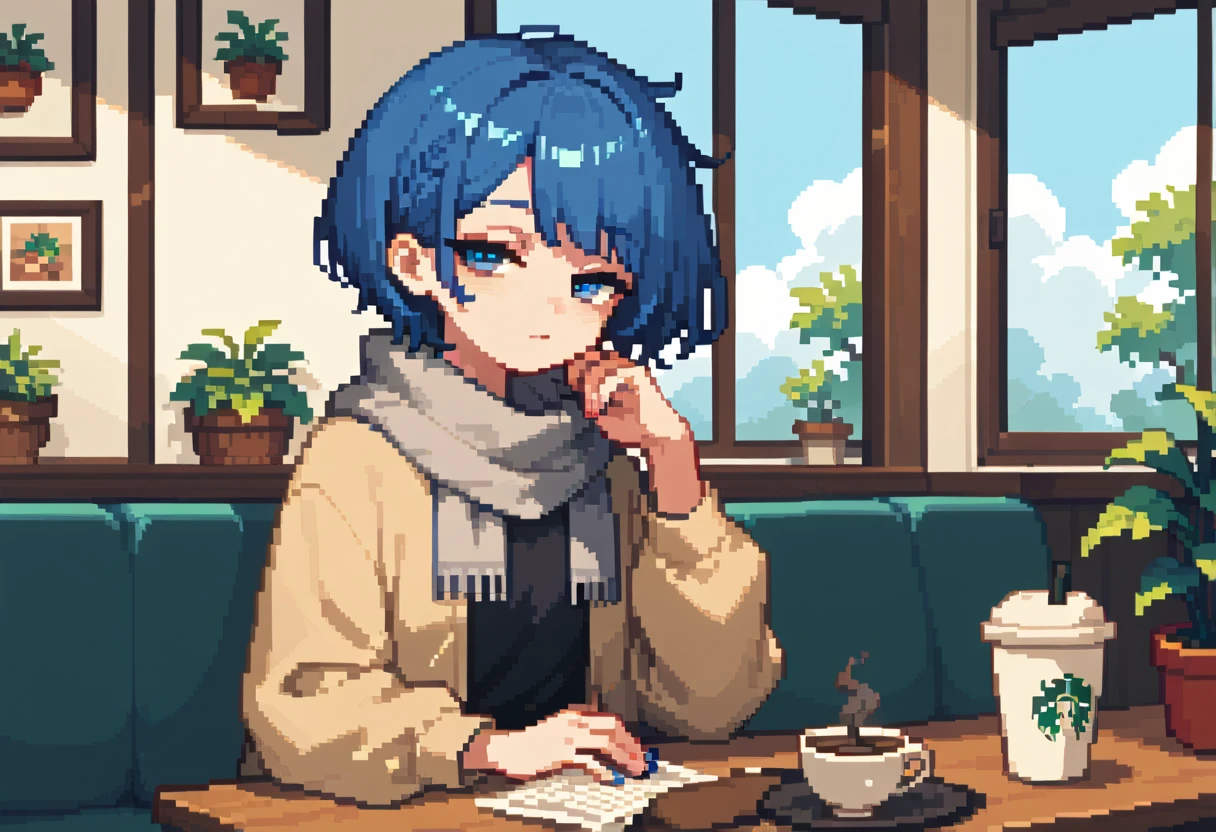 solo,Stunning 2D portraits, looking at viewer, pixel art, pale dark blue hair、half closed eyes, lazy、 shortcut hair、 pleated skirt、Grey scarf、I'm sitting in a coffee shop seat,Square table、Sofa,Window