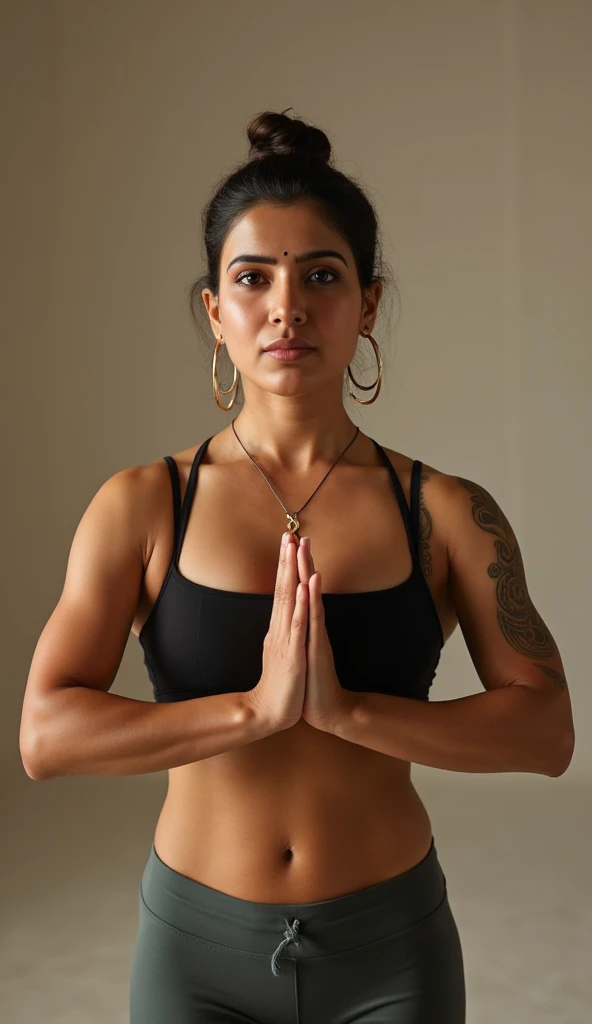 A photo of a mature Indian woman doing yoga, toned body, aged 35, (face portrait:1.5), full body shot, top quality editorial photograph, skin texture, skin pores, fair milky skin, high quality skin, top quality photography, professional photography, professional retouching, insane detailing, warm moody tones, highly detailed stubble armpits, skin pores, visible veins, skin texture, freckles 0.2,toned body, big boobs, deep navel, toned belly, tattoos in arm,detailed stubble armpits, insanely detailed skin texture,rough mature skin, visible pores, fine lines, deep navel, 