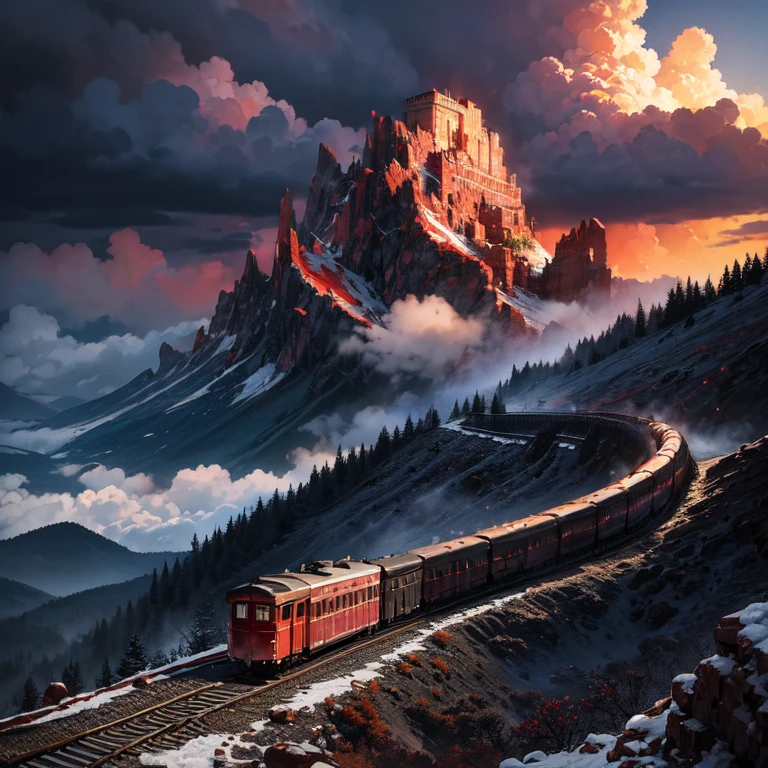 ((red colored ancient train descending down the mountain trails)), (((cloudy sky sight)))