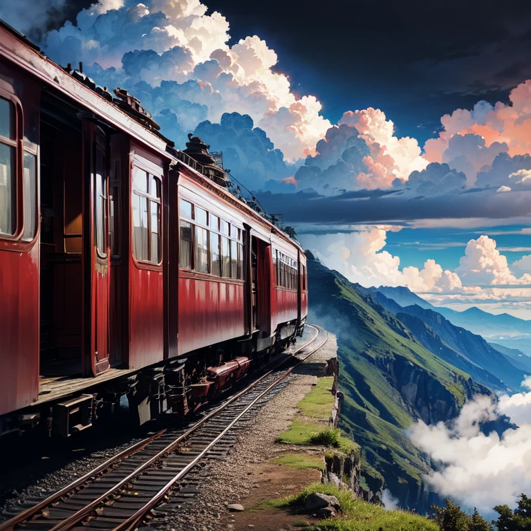 ((red colored ancient train descending down the mountain trails)), (((cloudy sky sight)))