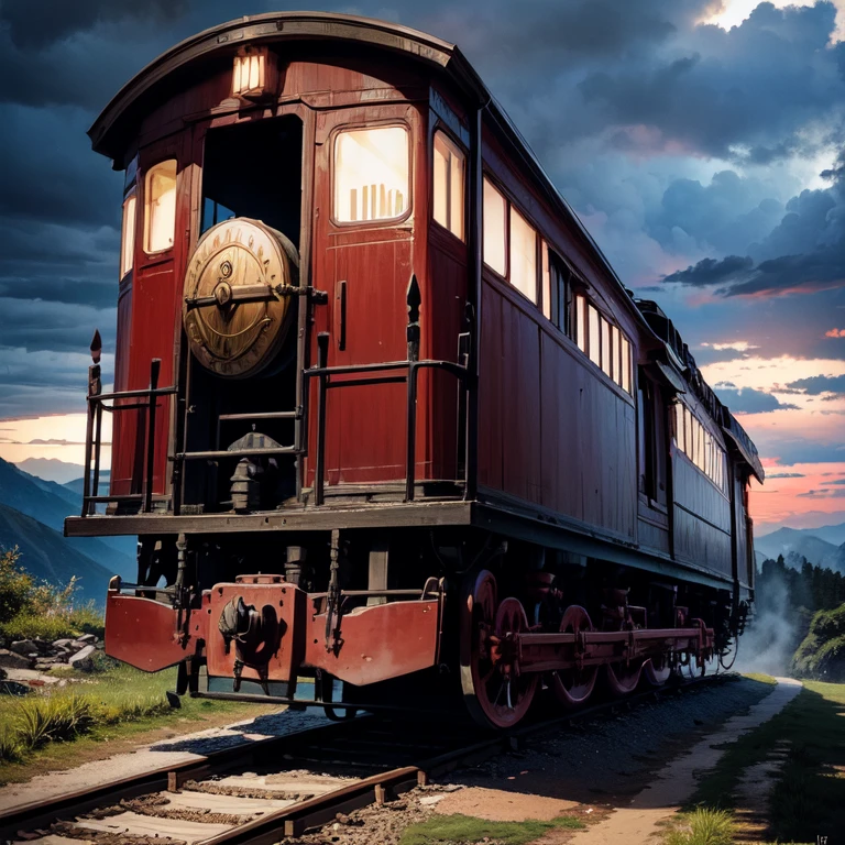 ((red colored ancient train descending down the mountain trails)), (((cloudy sky sight)))