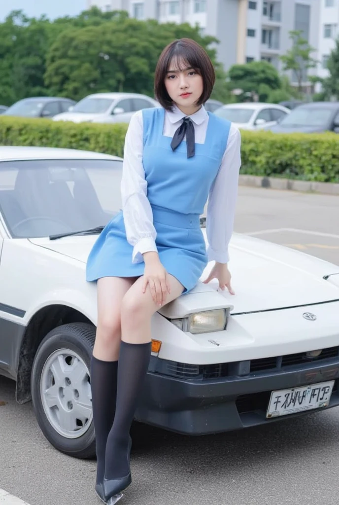 A young woman in a school uniform posing next to a white car Toyota AE86. She sitting on the hood of a car. She is wearing a blue skirt, a white blouse, and black knee-high socks. Her hair is styled in a bob with bangs and she is looking directly at the camera with a serious expression. Behind her, there are other cars parked in a parking lot and a building.