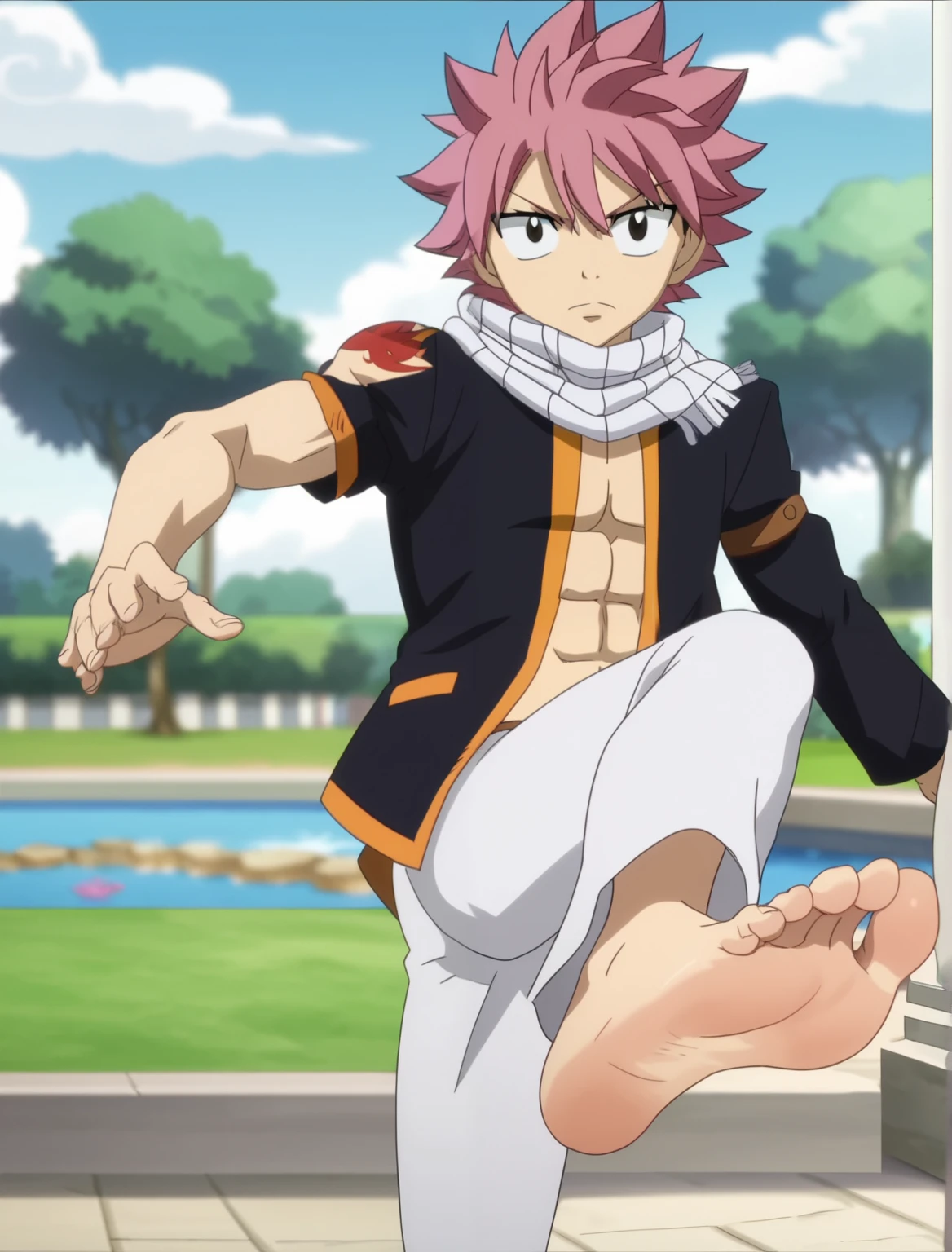 Score_9, score_8_up, source_anime, 1boy, Natsu Dragneel, big eyes, alone, looking at viewer, in a garden, standing, lifting one leg to show his soles, cowboy shot, ANIME SCREENCAP, anime coloring, barefoot, perfect feet, anatomically correct, soles, focal length 35mm, each foot has five toes, front, symmetrical soles, foot focus, white knee-lenght pants, shirtless, black jacket with no sleeves, white scarf