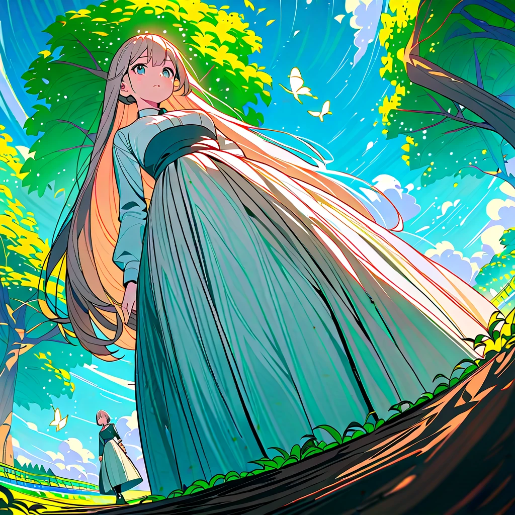 **A woman tending to her garden, planting seeds in the soil, with butterflies fluttering around her.**  
   - Perspective: From below, looking up at her as she bends down, with the sky and butterflies framing the scene, highlighting her connection to nature,Value, 2D CGI, dynamic angle, body language, gesture language, color psychology, anime facial expressions, high-quality, perfect anatomy, 4k, SFW, overlap, shadow, dimensionality, foreshortening, better hand,scenery, modestly dressed,fully clothed,facial affect, reflection in eyes, random chest/waist/hips dimensions, essence, quirky trait