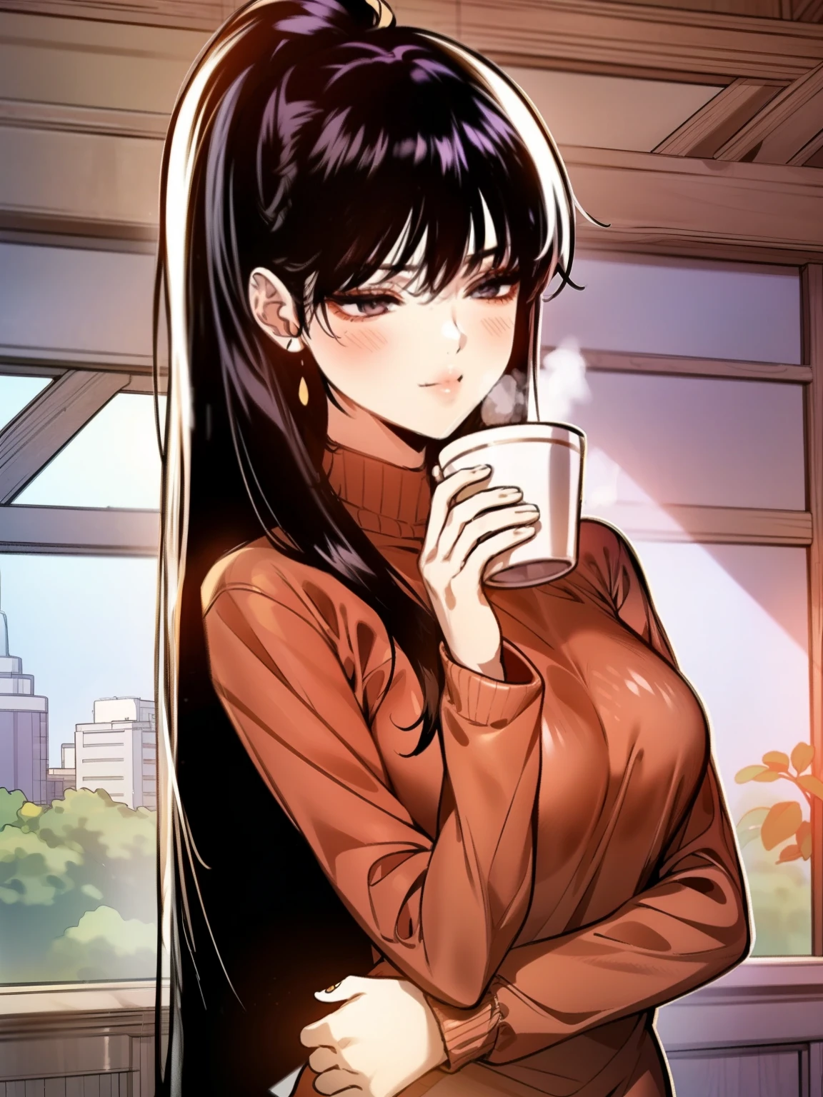 A young woman with long, black straight hair cascading over her shoulders, and black eyes that radiate kindness. She is wearing a cozy red sweater, slightly oversized, with the sleeves gently rolled up. The sweater hugs her figure in a casual yet elegant way. She pairs it with light blue jeans and simple white sneakers for a relaxed look. She stands on a charming balcony at sunset, holding a steaming cup of coffee in one hand. Her soft smile adds warmth to the scene. The background features potted plants, a small table with an open book, and a glowing city skyline bathed in golden-orange light. Manhwa style, My landlady noona style, super fine face, super fine nose, super fine mouth, super fine fingers, super fine body, super fine hand, perfect body, golden ratio, good shape, muscular, super realistic, red sweater, super detailed