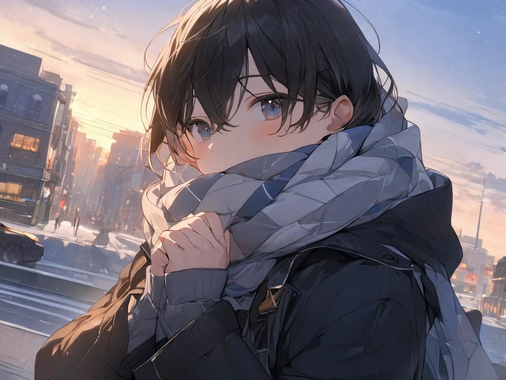 (( top quality )), ((masterpiece)), (  Details),  one boy ,  scarf,Put your hands together,bustling street,dusk,golden ratio,canted angle,slim,student