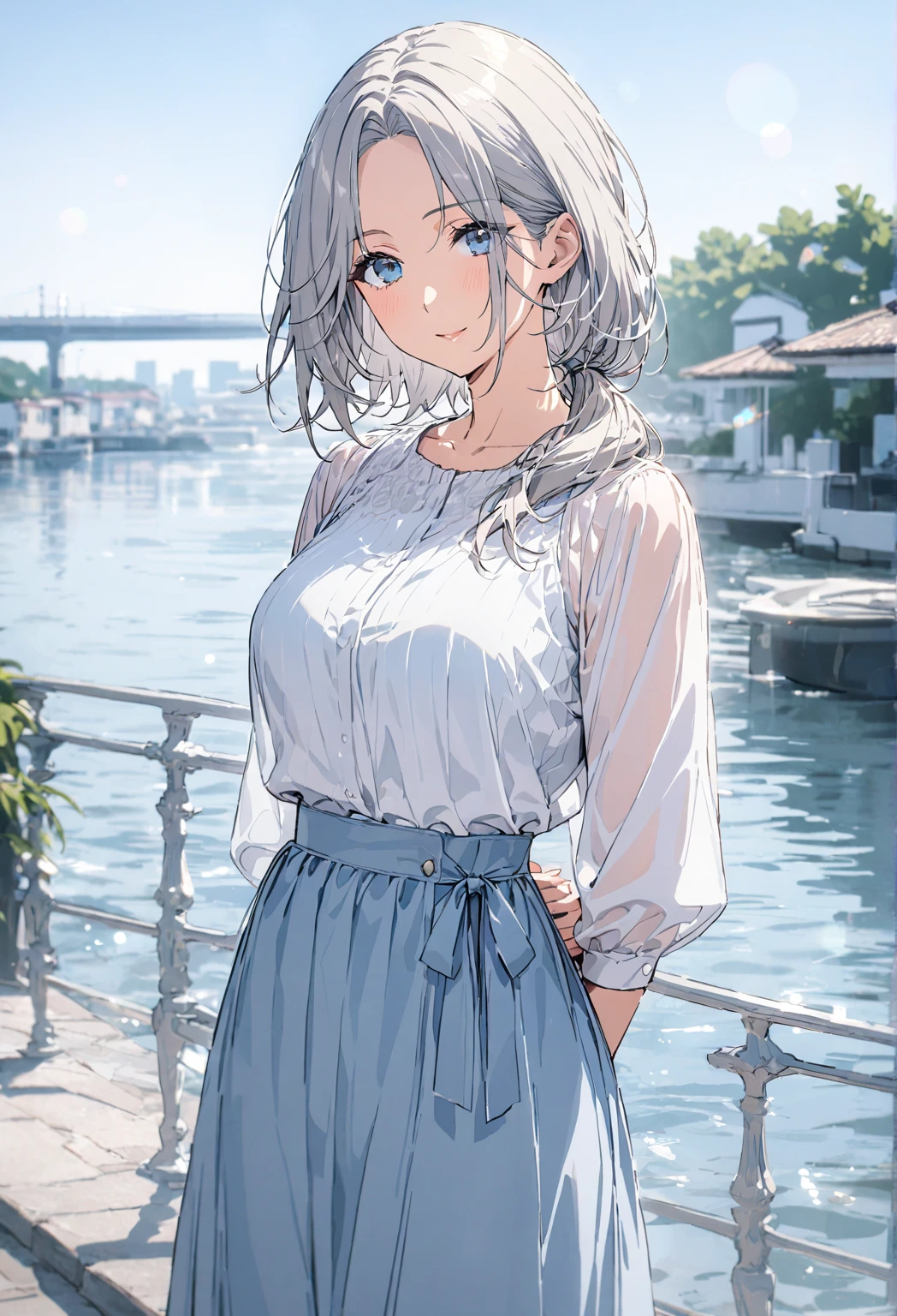 Tatiana Cartien, masterpiece, best quality, ultra-detailed, 8K, solo, alone, mature woman, adult woman, calm, elegant, beautiful, busty housewife, silver hair, loose ponytail, ponytail over her shoulder, parted bangs, light blue eyes, wearing a casual outfit, standing, summer, blue sky, blue water, river, cinematic depth of field, bokeh, wearing a top and midi skirt, close mouth, sweet smile, looking gently at the viewer, both hands and arms are behind her back, standing, 