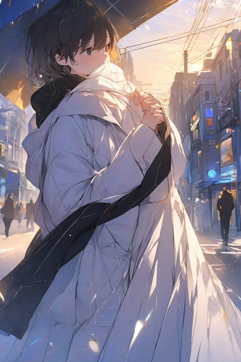 (( top quality )), ((masterpiece)), (  Details),  one boy ,  scarf,Put your hands together,bustling street,dusk,golden ratio,canted angle,slim,student