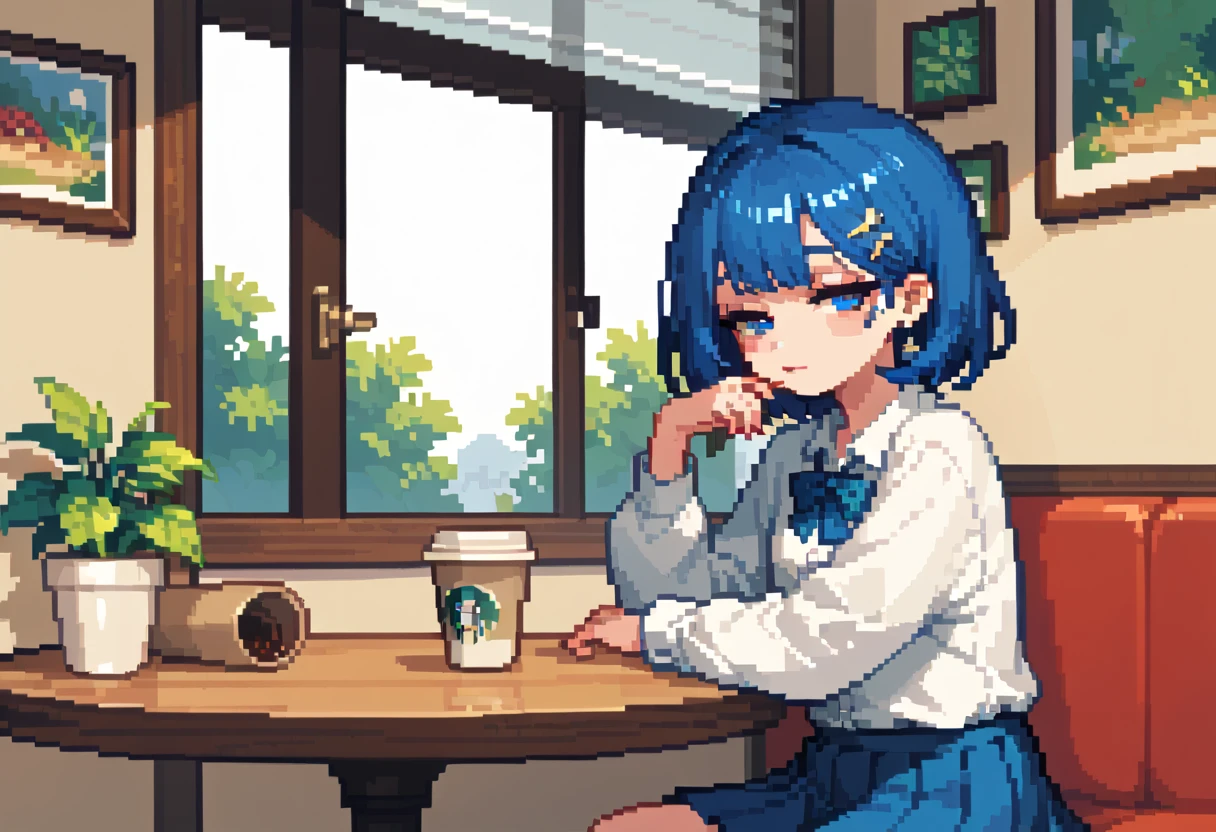 throw,solo,Stunning 2D portraits, looking at viewer, pixel art, pale dark blue hair、half closed eyes, lazy、 medium bob 、 pleated skirt、I'm sitting in a coffee shop seat,Square table、Sofa,Window, coffee cup 