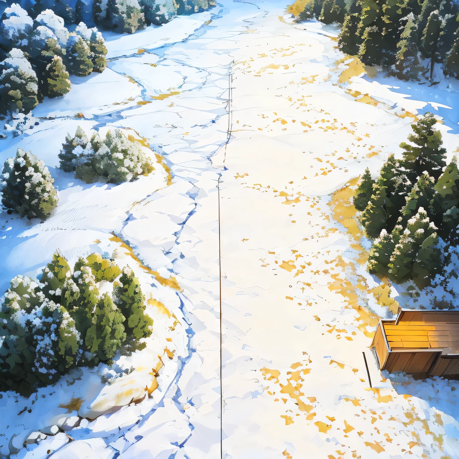 map tactics A top-down view of a snowy winter landscape in anime style. The scene depicts a strategic map with a frosty, white atmosphere, light fog, and minimal trees scattered across the snow. There are three distinct, snow-free paths running parallel through the snowy terrain, The setting is during the morning, with soft sunlight illuminating the white snow and light mist. The focus is on the three clear paths and the serene, wintry ambiance.