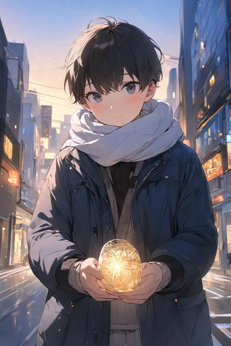 (( top quality )), ((masterpiece)), (  Details),  one boy ,  scarf,own hands together,bustling street,dusk,golden ratio,canted angle,slim,student