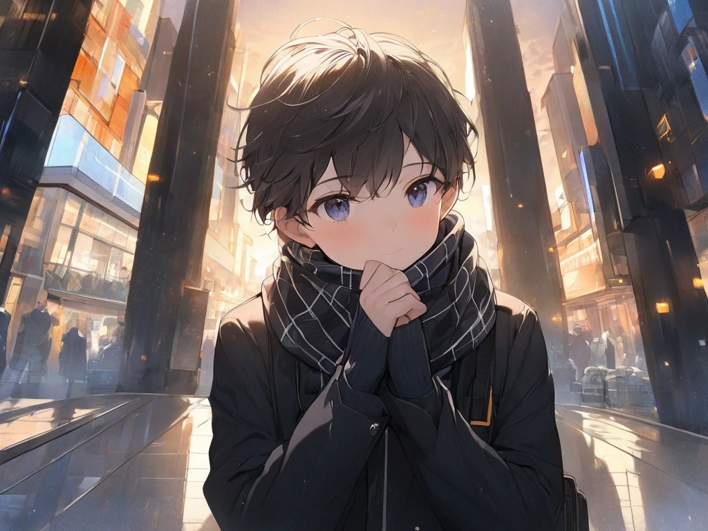 (( top quality )), ((masterpiece)), (  Details),  one boy ,  scarf,own hands together,bustling street,dusk,golden ratio,canted angle,slim,student