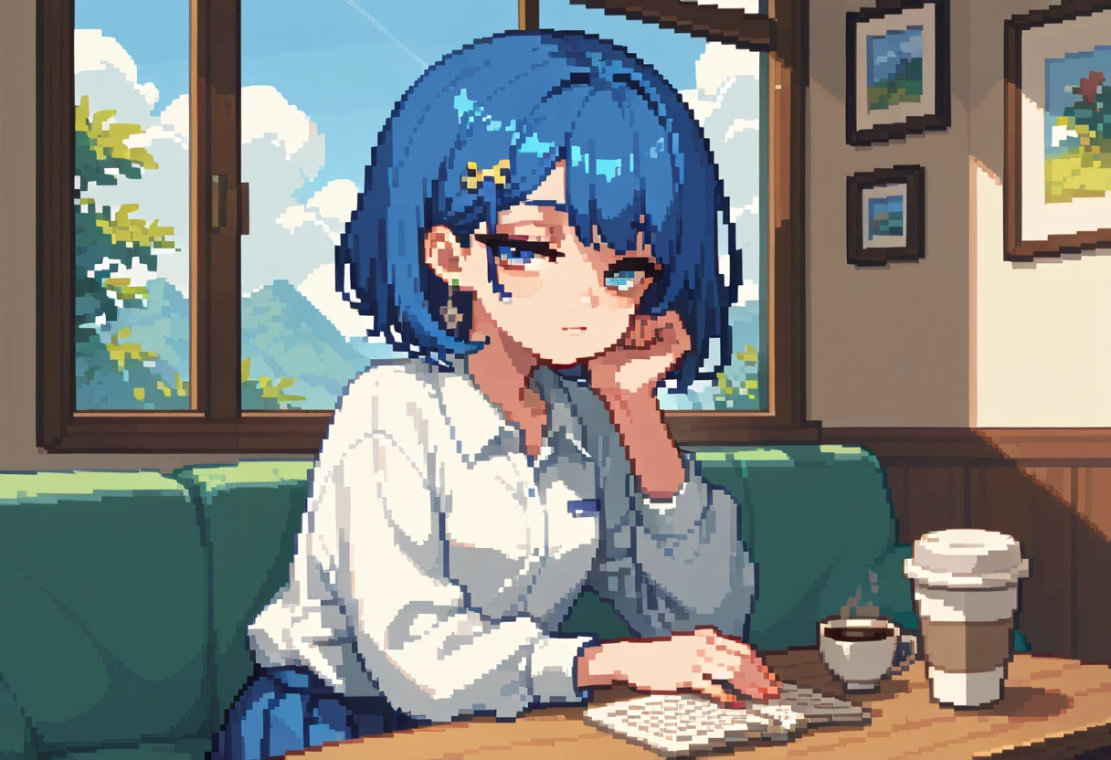 throw,solo,Stunning 2D portraits, looking at viewer, pixel art, pale dark blue hair、half closed eyes, lazy、 medium bob 、 pleated skirt、With a viewer at a coffee shop,Square table、Sofa,Window, coffee cup 