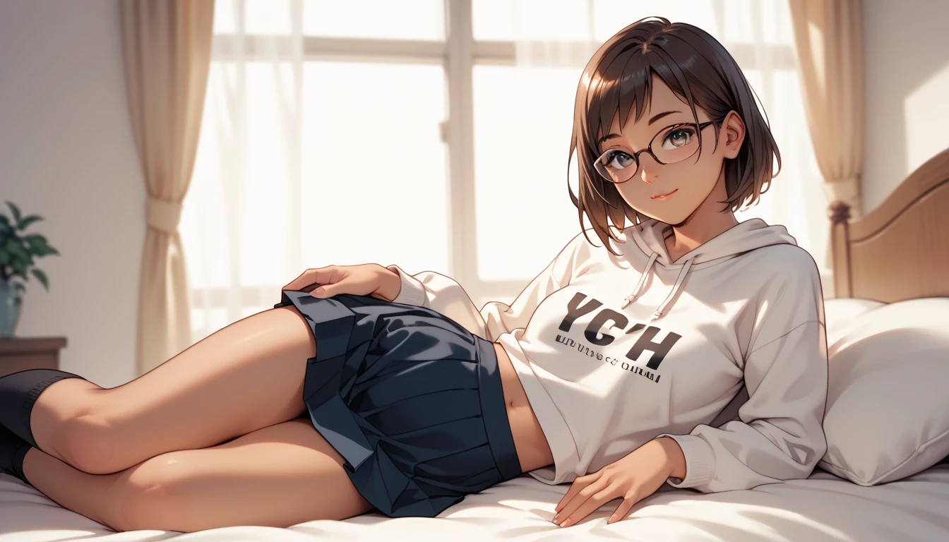  A girl, beautiful, Young, s, wearing a sweatshirt, skirt, glasses,  your hair is long and black,  she's holding a cute dragon, she's sitting on your bed , dynamic scene,  manga style , manga framing ,  line art  