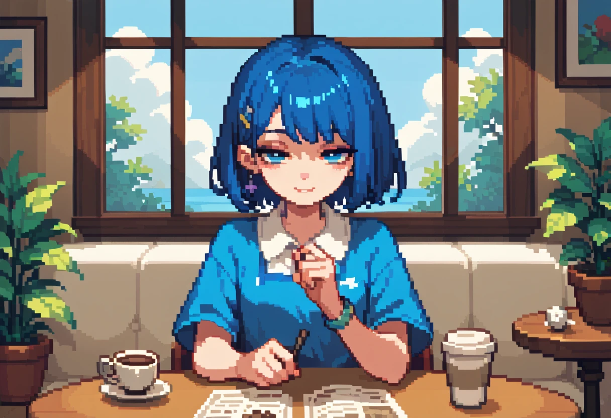 throw,solo,Stunning 2D portraits, looking at viewer, pixel art, pale dark blue hair、half closed eyes, 、 medium bob 、 pleated skirt、I'm sitting across from the viewer in a coffee shop,Square table、Sofa,Window, coffee cup 