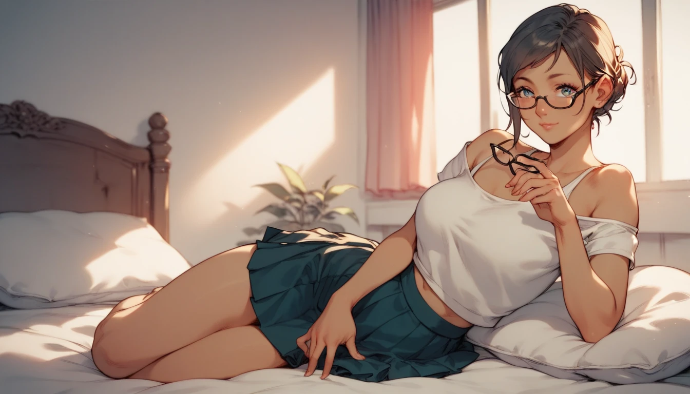  A girl, beautiful, Young, s, wearing a sweatshirt, skirt, glasses,  your hair is long and black,  she's holding a cute dragon, she's sitting on your bed , dynamic scene,  manga style , manga framing ,  line art  