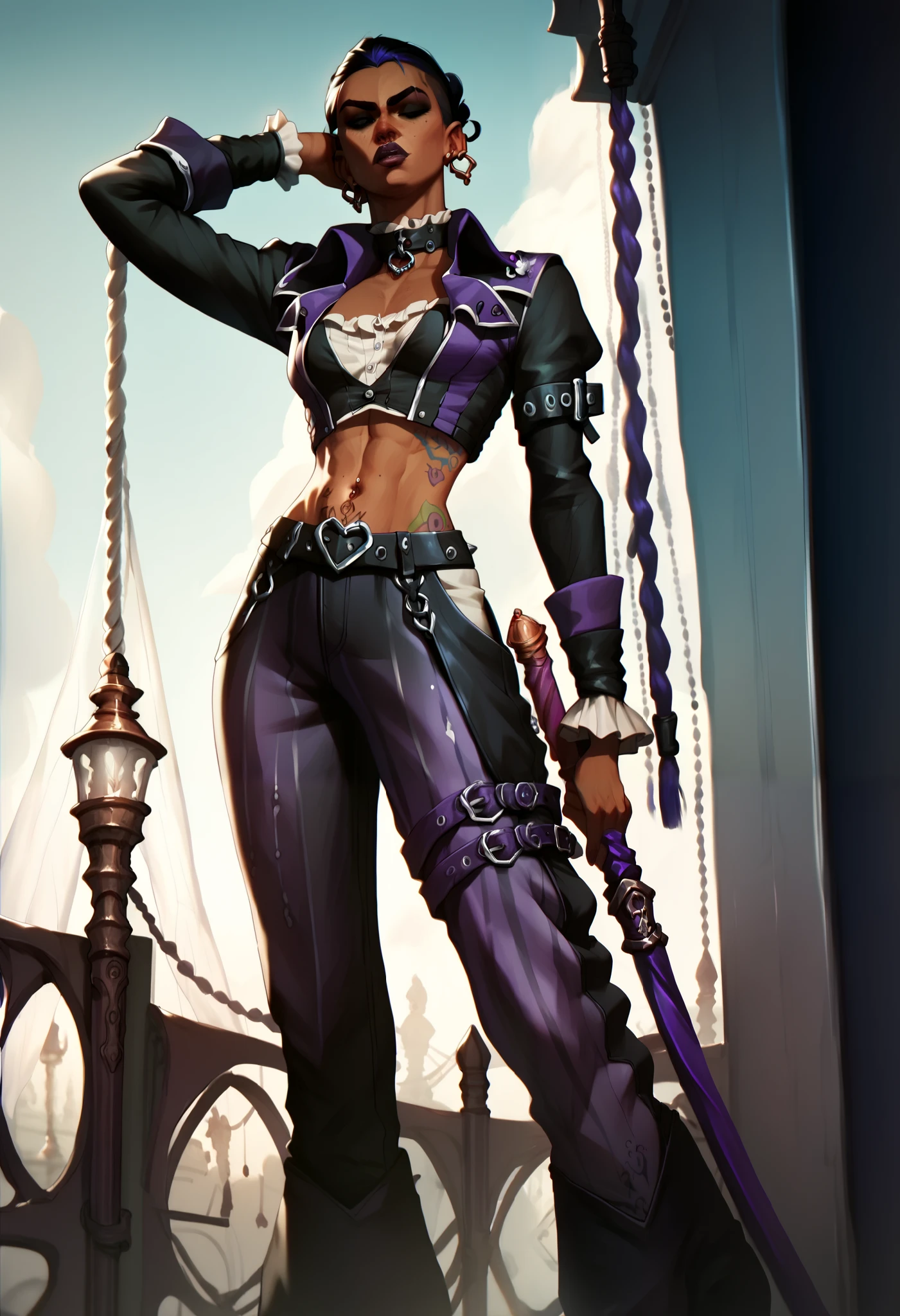 A character outfit from the series arcane gothic outfit , detailed, black clothes, dark skin, silver, purple items, tattoos, extravagant, huge baggy pants,  black, pirate, skinny 