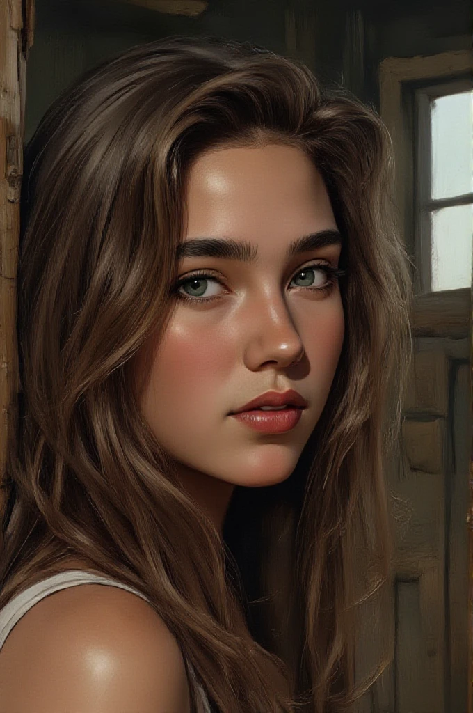 illustration, cartoon, anime, manga, drawing, young Jennifer Connelly at age 15 with long brown hair and blue eyes gazes intently at the camera set against a rustic backdrop of worn-out walls and a window, hyper realistic